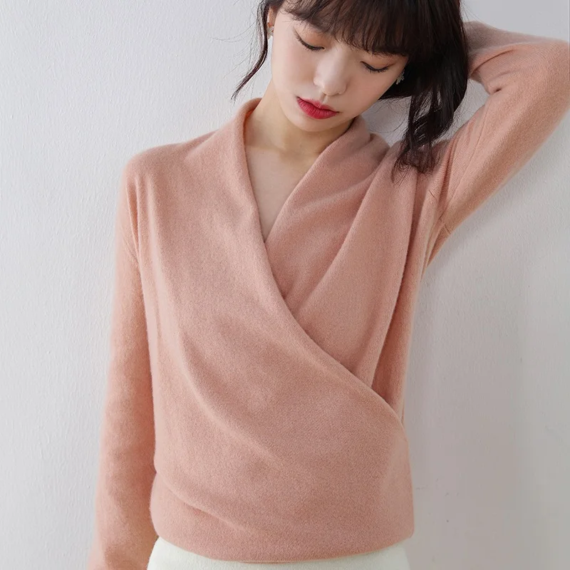 

Cashmere sweater women V-neck sweater knit solid color slim short long sleeve pullover Korean style stretch sexy sweater women