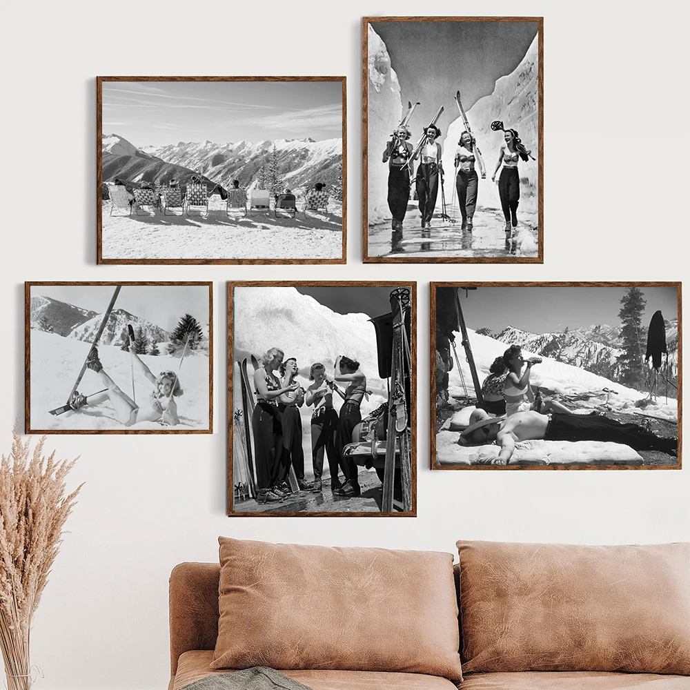 

Винтажная фотопечать для катания на лыжах, скейтборде, прыжков, девушек, автомобиль, Картина на холсте, Зимние виды спорта, катание на лыжах, ...
