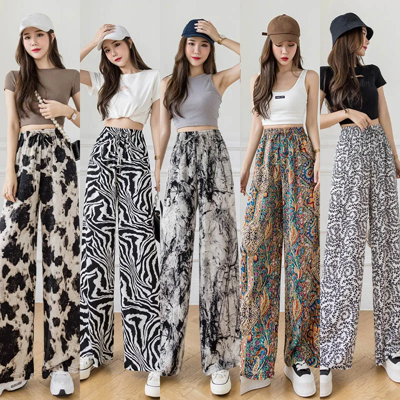 

Korean Style Leopard Zebra Stripe Print Chiffon Wide Leg Pant Summer Fashion Trousers Women High Waist Loose Pants