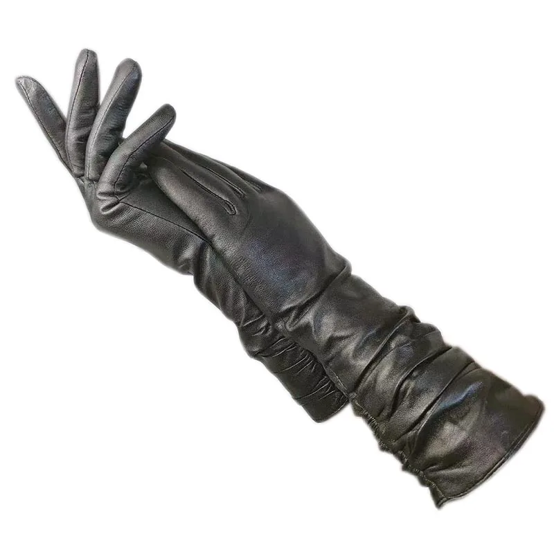 

Winter ladies arm fashion sheepskin gloves new warm fluorescent leather mid-length 35 cm gun color women's gloves for driving 20