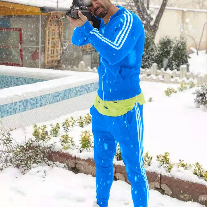 

Осенний Новый мужской костюм для бега, спортивный костюм из двух частей, с тремя штанами куртка-кардиган на молнии + guard, повседневная бегова...