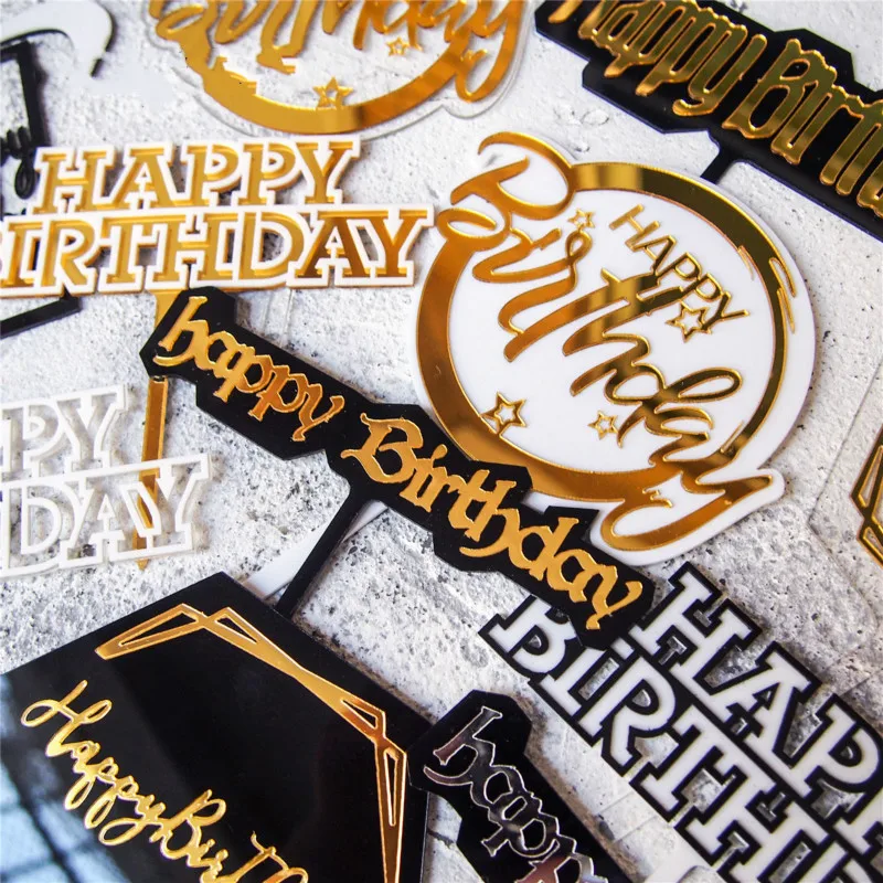 Топпер для торта С Днем Рождения украшение Черное золото многоугольник