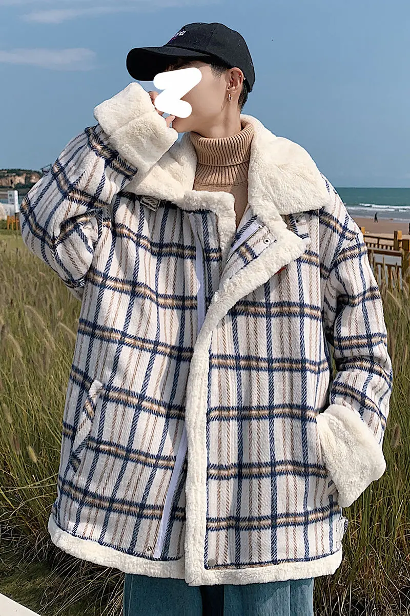 

Plaid lamb wool coat men's cotton winter trend of soft waxy retro thick loose lovers