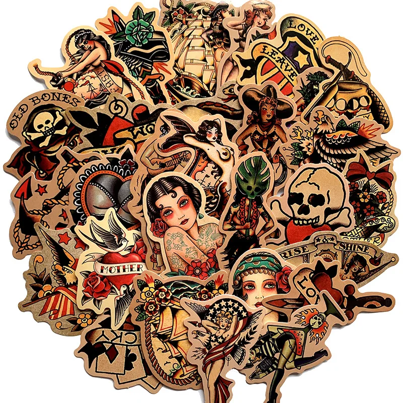 

50pcs Retro old school tattoo style sticker refrigerator skateboard trolley case decals backpack Tables waterproof PVC sticker