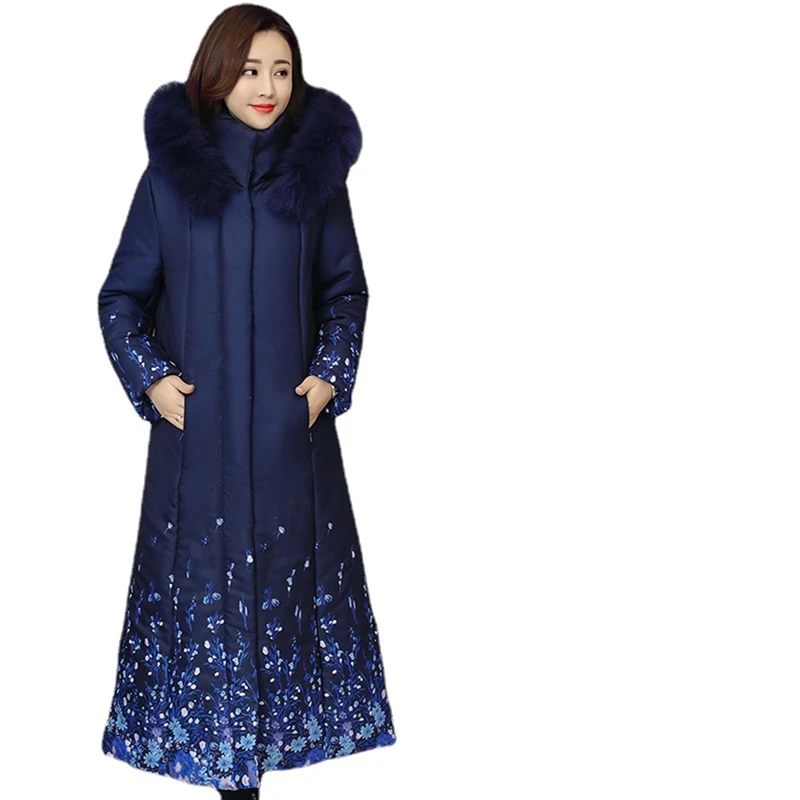 

Winter long warm hooded fox hair elegant print jacquard zipper fashion slim slimming women's cotton coat jacket Office Lady