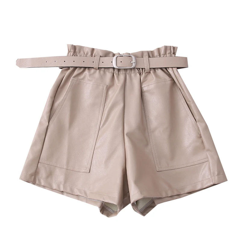 

2021 Spring Autumn New Fashion PU Leather High Waist Shorts Women Wide Leg Casual Booty Shorts