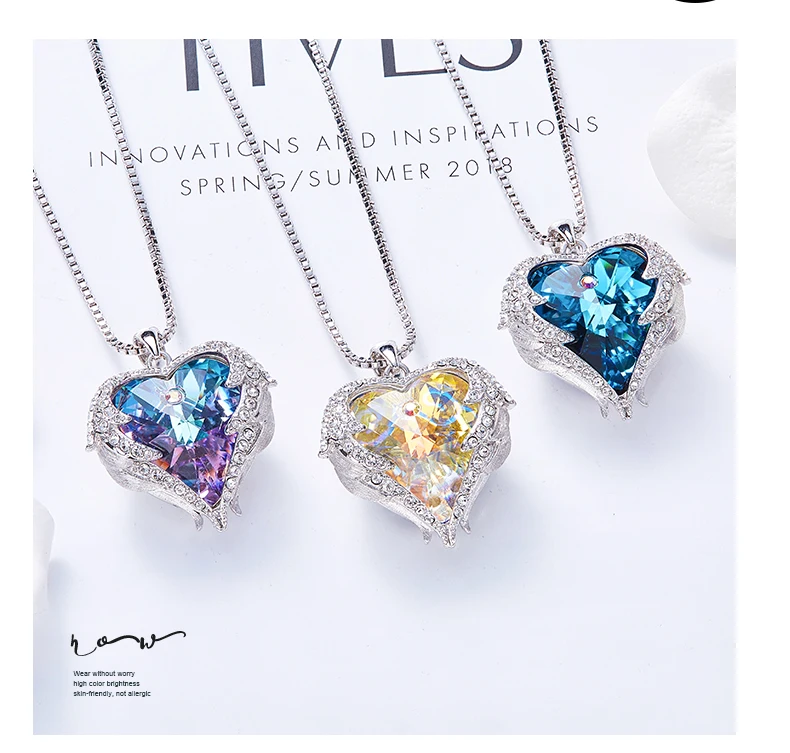 CDE дизайн, крылья ангела, украшенные кристаллами Swarovski, подвеска в форме сердца, ожерелье, ювелирное изделие, подарок на день Святого Валентина