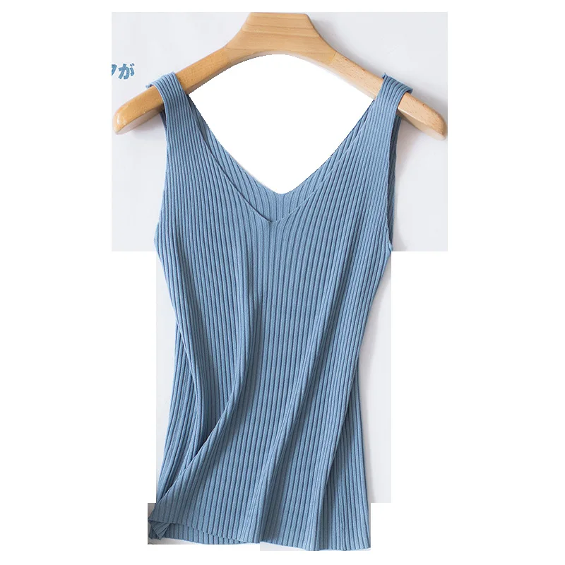 

New Knitted Tank Tops Women Summer Camisole Vest Simple Loose Ladies V Neck Sexy Strappy