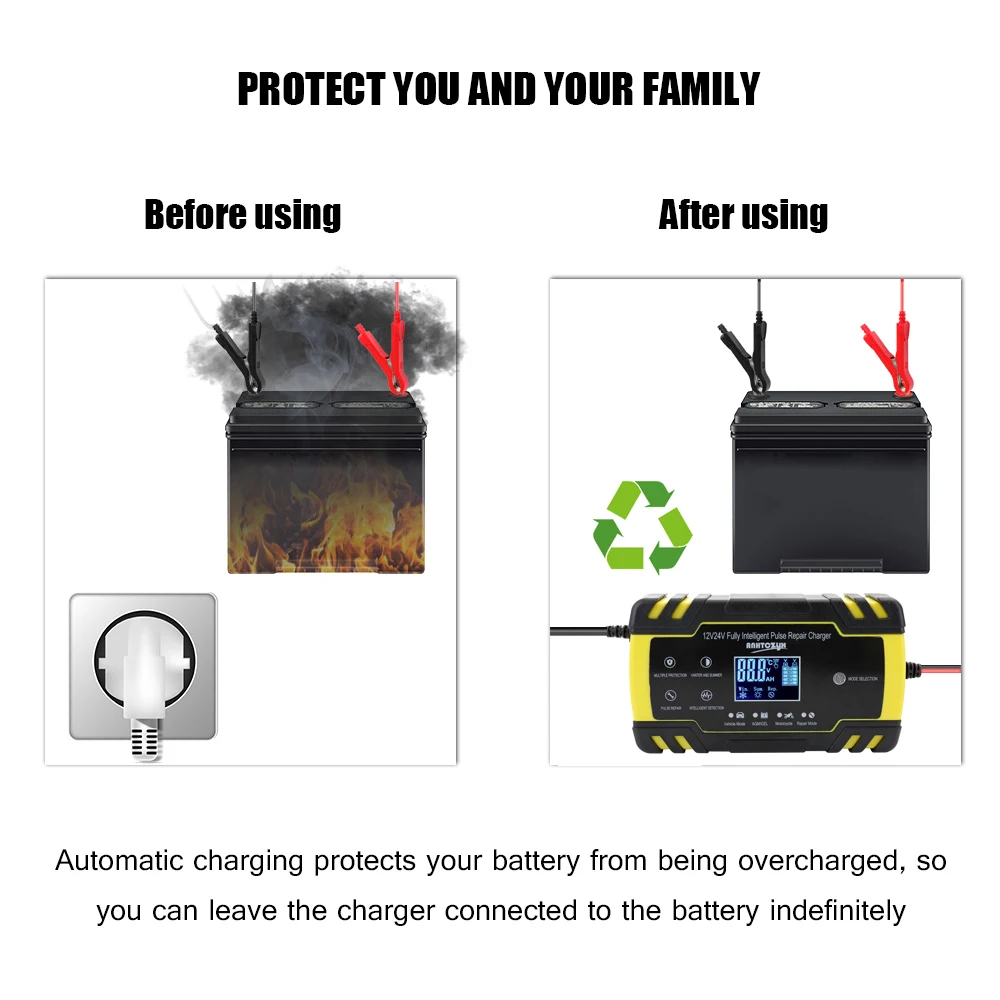 Mini Size Portable 12V/24V 8A Car Battery Charger Adapter Power Motorcycle Auto Cell with Digital Display | Автомобили и
