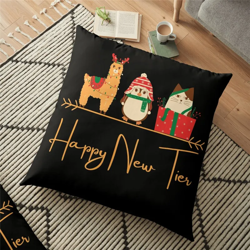

Merry Christmas Cushion Cover Alpaca Penguin and Cat Printed 45*45cm Christmas Pillowcase Gifts Xmas Cushion Decorative for home