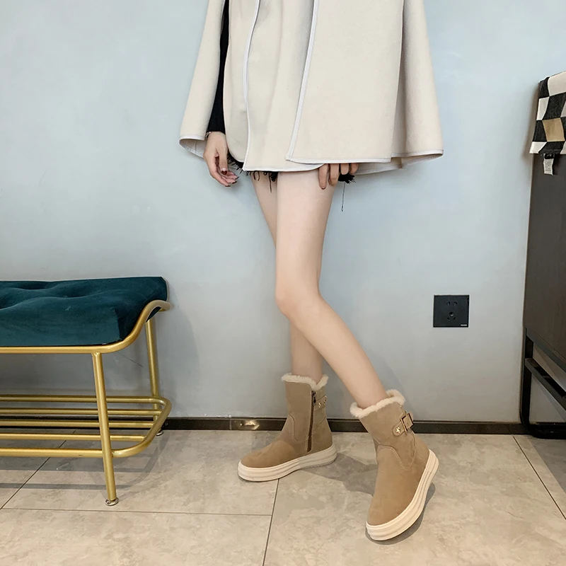 

Ladies Waterproof Women Shoes Belt Buckle Decoration Fashion Mid-Calf Boots Women Winter Keep Warm Plus Velvet Short Boots