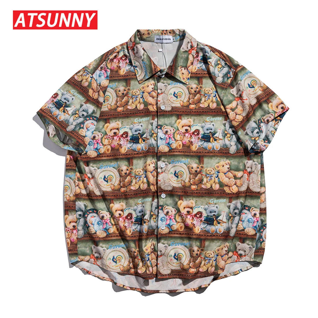 

ATSUNNY Bear Print Short Sleeve Shirt HipHop Streetwear Casual Shirt Man Summer Fashion Hawaiian Shirts Tops