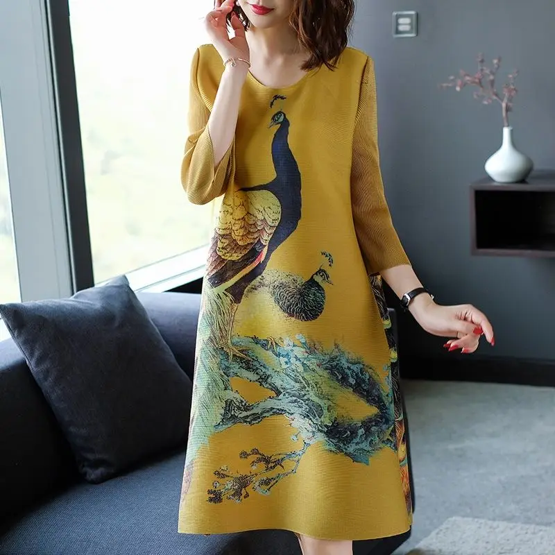 

Peacock Loose Women's Dress Autumn Spring O-Neck Wrist Sleeve A-Line Women's Dress Fashion Casual Female Clothes SS3491