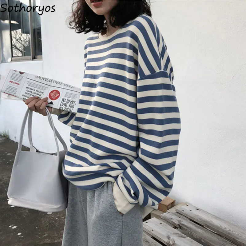 Толстовка без шапки Женская в полоску простой мешковатый Повседневный Ретро