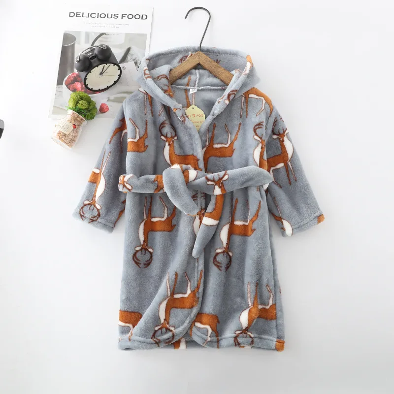 Grey deer Новинка; зимняя фланелевая детская одежда для сна; халат; милый теплый банный халат с капюшоном и принтом животных для девочек; осенние детские пижамы для мальчиков; - Color: Grey deer