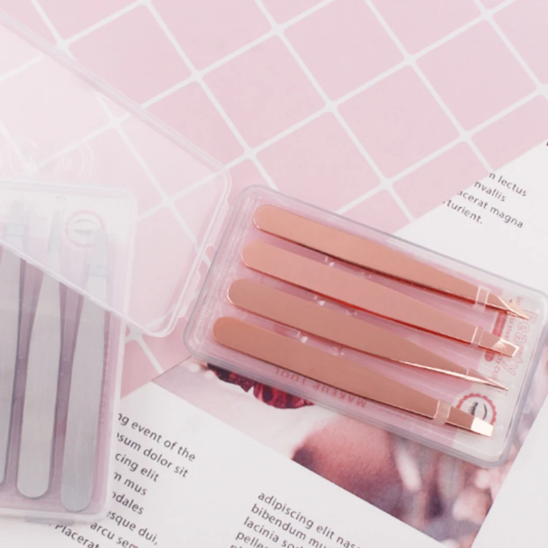 

4 Eyebrow Tweezers Set Stainless Steel Eyebrow Clip Stickers Double Eyelid Stickers Tweezers With Suitcase Makeup Tool Set