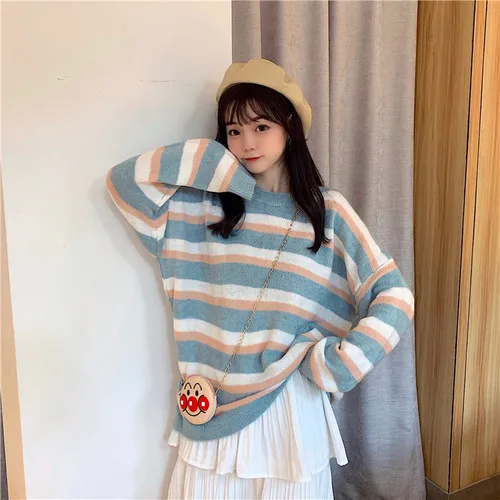 Striped Fashion Basic Hit Casual Loose All Match 2019 Female Women Long Sleeve Hot Sale College Wind Thin Sweaters | Женская одежда