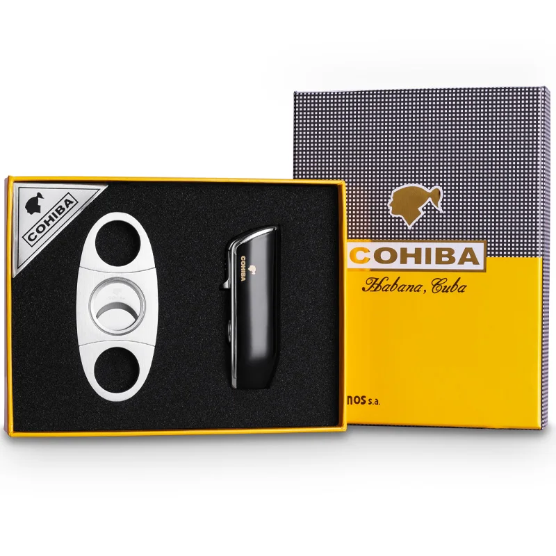 black set COHIBA ветрозащитная 3 фонарь Jet Flame бутан Газовая металлическая зажигалка с сигары резак подарочный набор CL-TZ009a - Цвет: black set