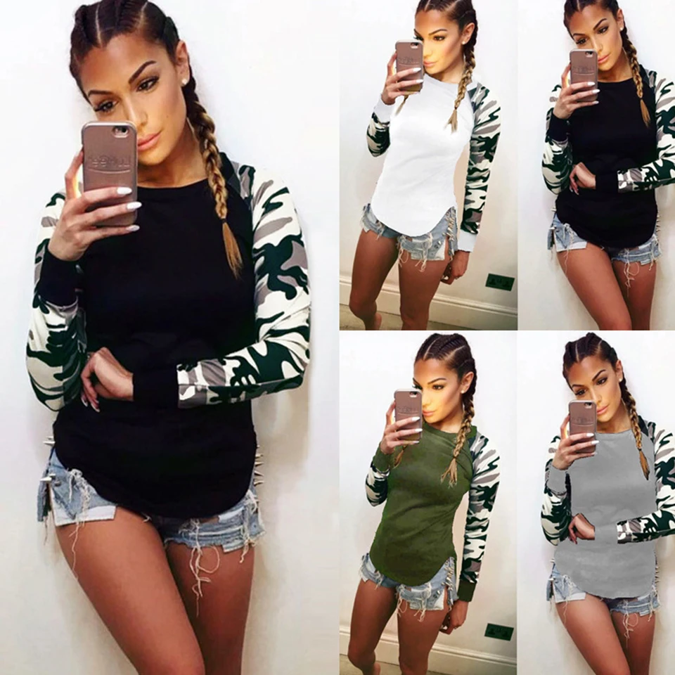 

Camouflage Shirt Women Camo Top Blank Raglan Long Sleeve Large Size 5xl Harajuku Streetwear Shirts Curved Hem Fashion Clothes