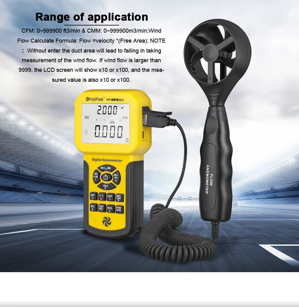 

HP-856A Digital Pro CFM Anemometer Measures Wind Speed Wind Flow Wind Temp Tester for HVAC Air Flow Velocity Meter with USB