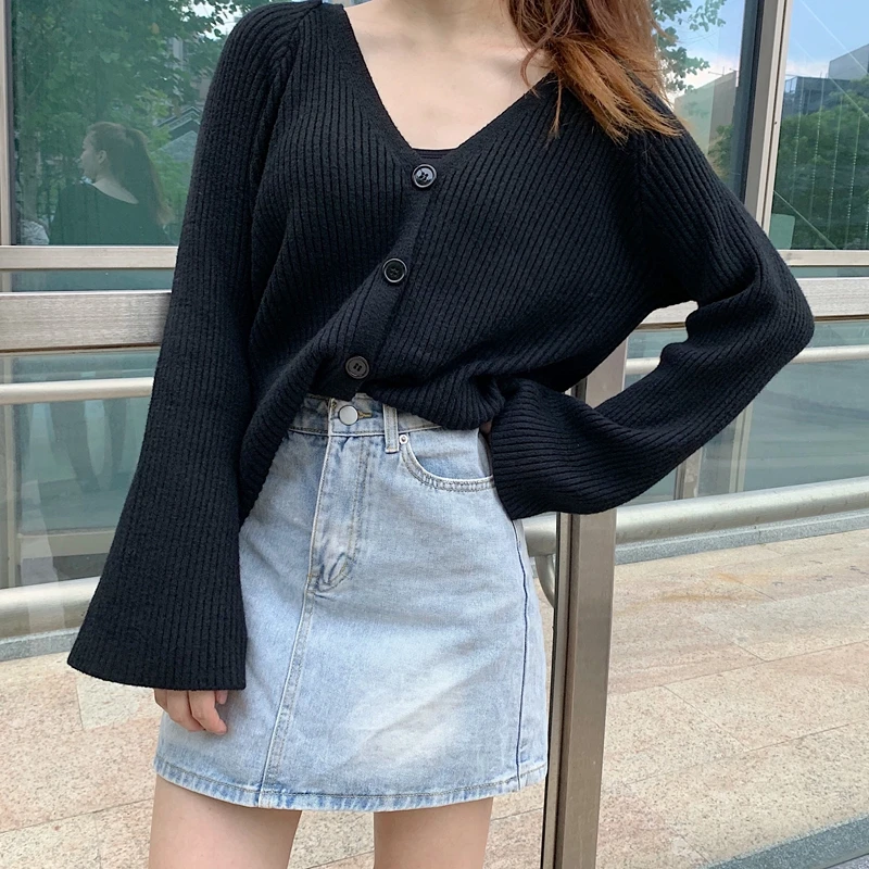 Sweater Теплый женский комплект из юбки и кофты SMTHMA, женский комплект из короткой твидовой юбки с бахромой и вязаной кофты на пуговицах с расклешенным рукавом, на осень и зиму - Цвет: Sweater