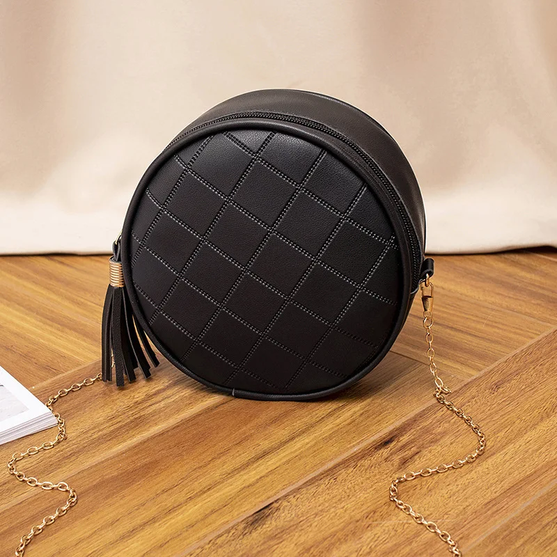 

Women Mini Round Bags Solid Color Plaid Shoulder Handbags Women Small Round Tassel Crossbody Bags Purses Clutches
