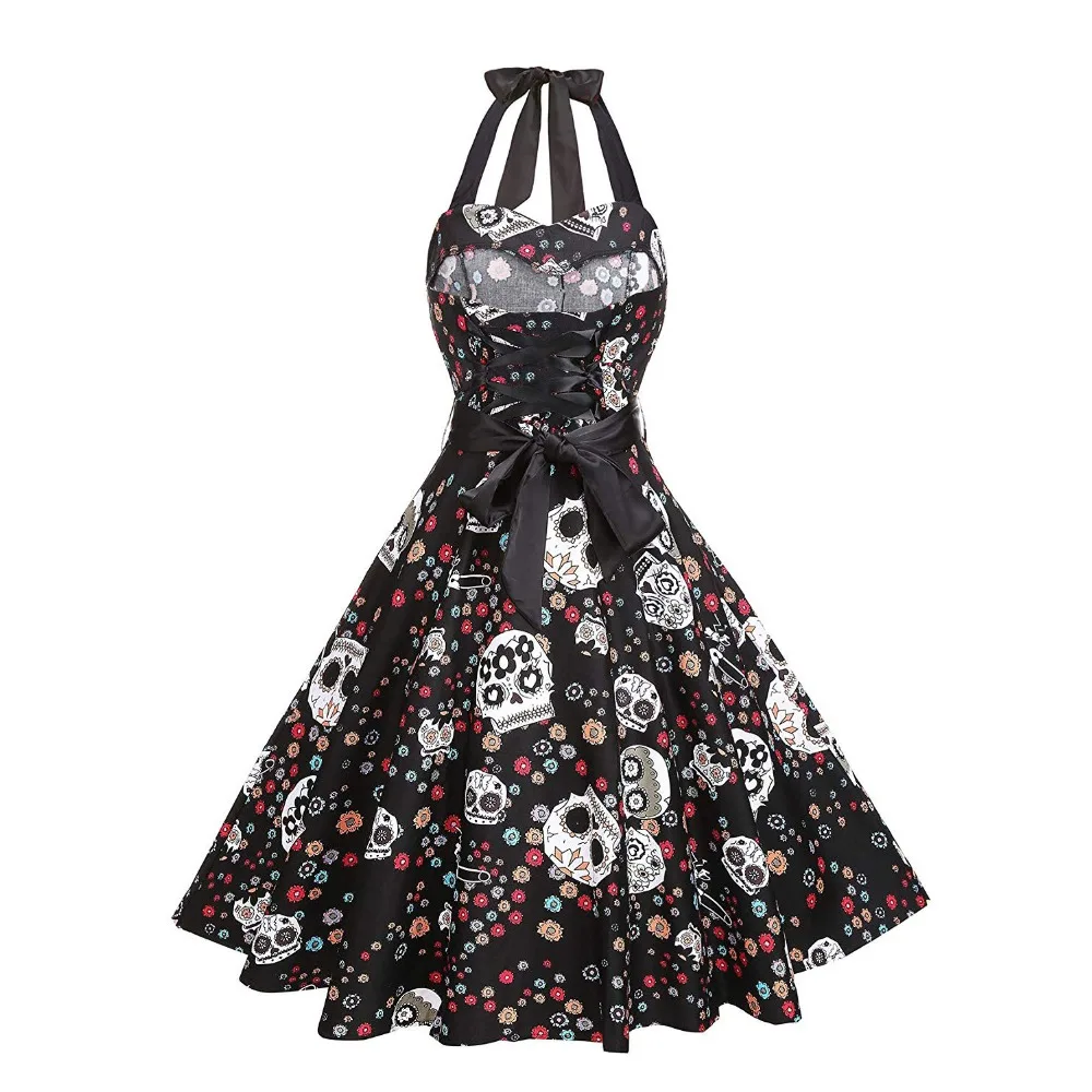 Retro Vintage Holiday Party Gothic Dress 50s The Nightmare Before Christma Skull Jake 3D Print Sleeveless Skater Pleated Dresses