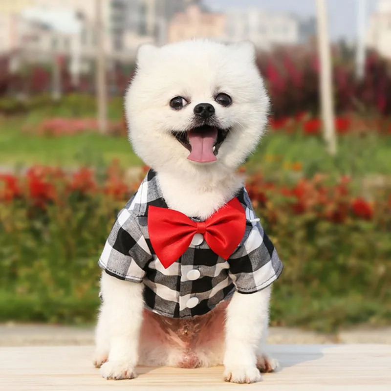 Pet Gentleman Dog Suit Shirt Plaid Dog Casual Clothes Cute Red Bowtie Tuxedo Pet Wedding Party Dress Up