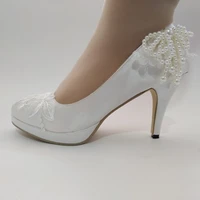 baoyafang white lace pearl high heel bridal dress shoes beaded round head thin heel womens single shoes