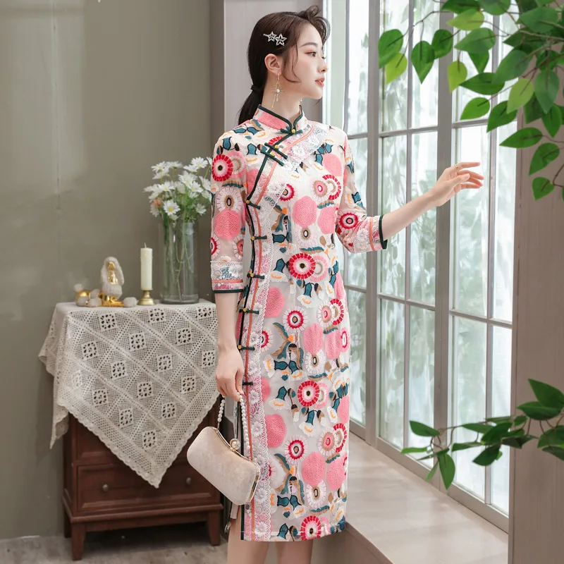 Китайский стиль Cheongsam Вышивка Цветочные Свадебные qipao вечерние платья |