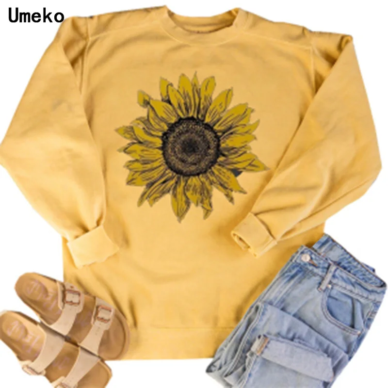 

Umeko New Autumn and Winter Women Fashion Harajuku Hoodie Sunflower Print Long Sleeve Sweatshirt Korean Streetwear Pullover Tops