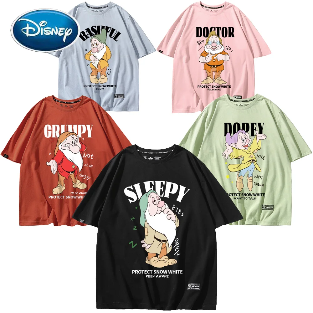 Disney T-Shirt Fashion Snow White and the Seven Dwarfs Letter Cartoon Print Women T-Shirt O-Neck Short Sleeve Casual Tee Tops