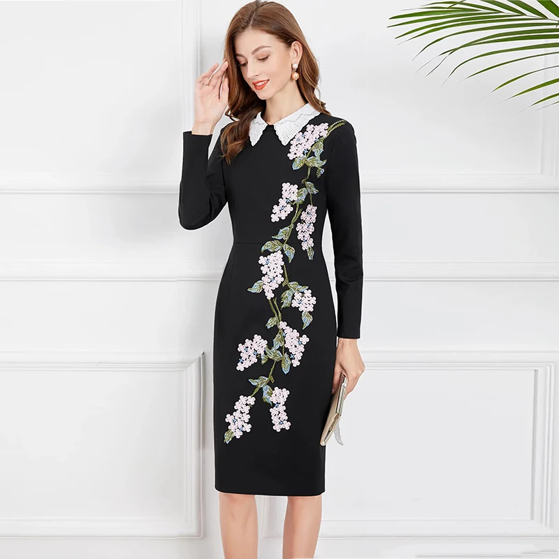 

MIUXIMAO 2021 New Autumn Women's Clothing Peter Pan Collar Long Sleeve Print Slim Waist Dress Fashion Elegant Office Style
