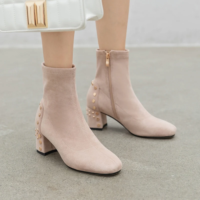 

WETKISS Stretch Flock Boots Women Studded Ankle Booties Zip High Heels Shoes Female Square Toe Rivet Shoes Ladies Winter 2020