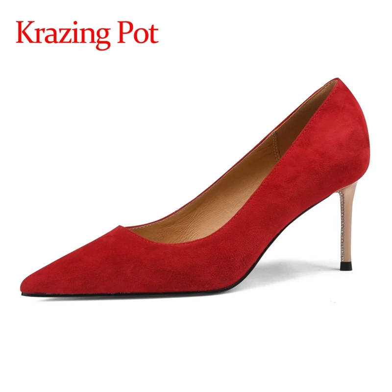 

Krazing Pot new sheep suede pointed toe thin high heels wedding shoes beauty lady French elegant shallow slip on women pumps L12