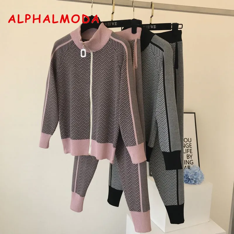Женский трикотажный спортивный костюм ALPHALMODA кардиган на молнии + штаны Модный