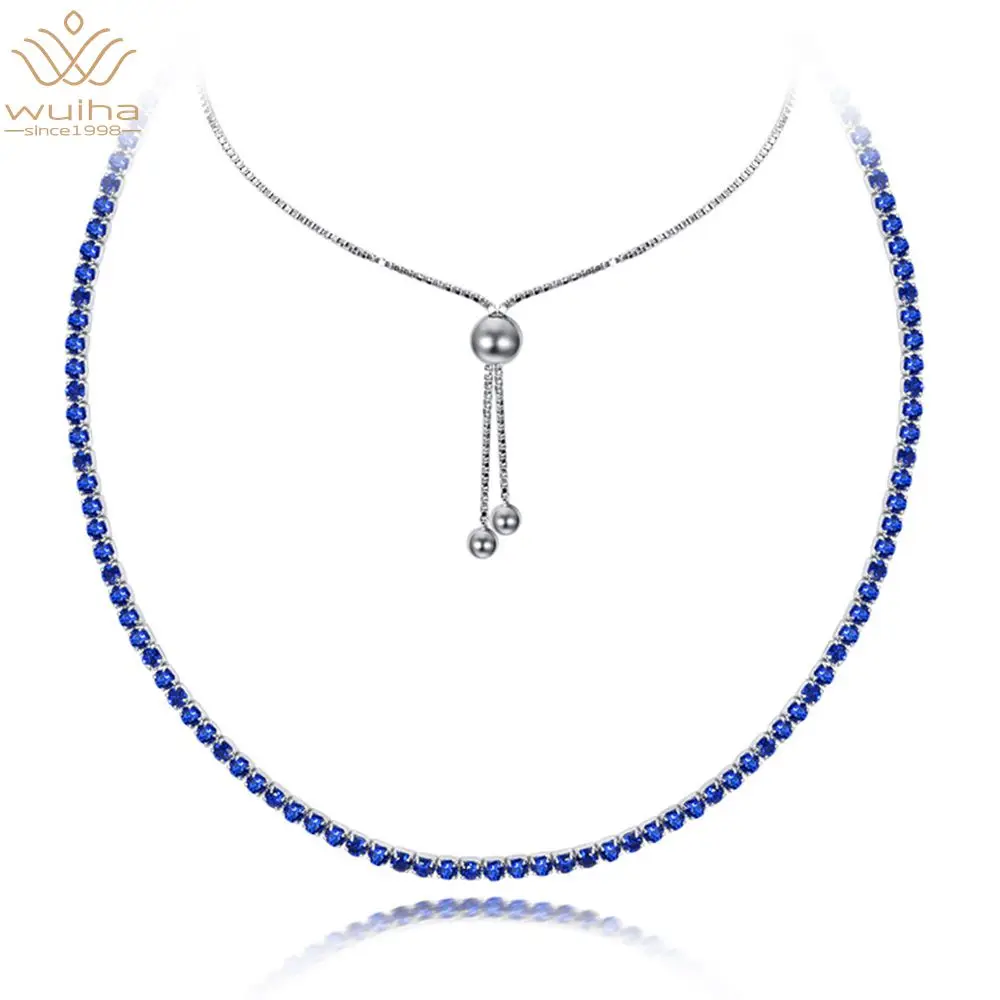 

WUIHA 100% 925 Sterling Silver Aquamarine Ruby Gemstone Adjustable Short Choker Party Necklace Women Fine Jewelry Christmas Gift