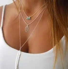 

European and American Feather Leaves Multi-layer Tassel Beaded Necklace Clavicle Chain Sweater Necklace Jewelry Wholesale