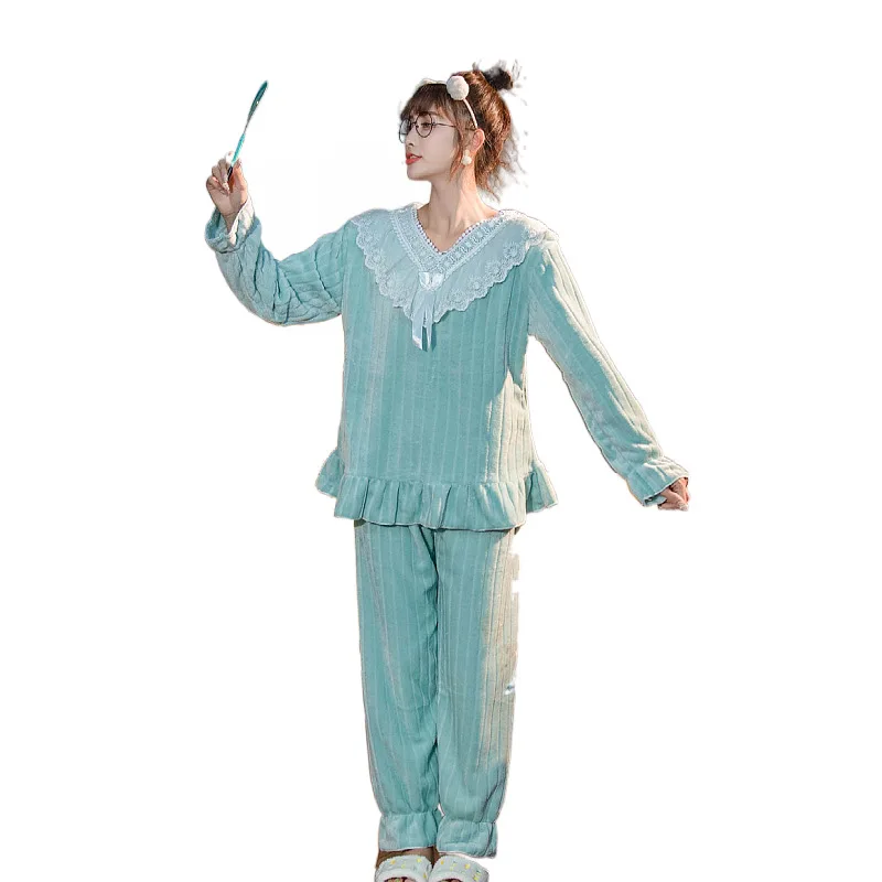 

SLPBELY Sweet Flanne Women Pajamas Lovely Lace Nightwear Homewear Sleepwear Princess Style Girls Warm Household Clothe Sleep Top