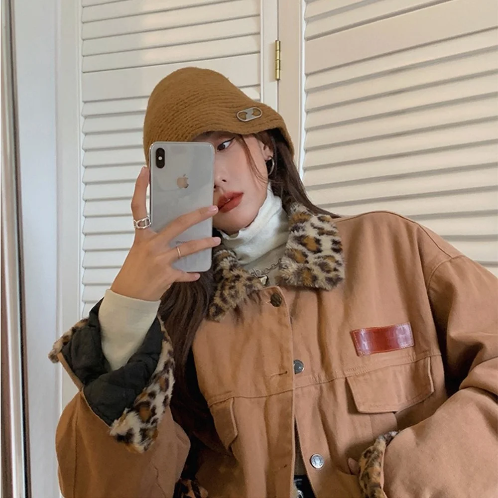 Loose Denim Jacket Stitching Leopard Short Velvet Warm Leather Retro High Street Casual Coat Fashion Clothing Autumn/Winter New