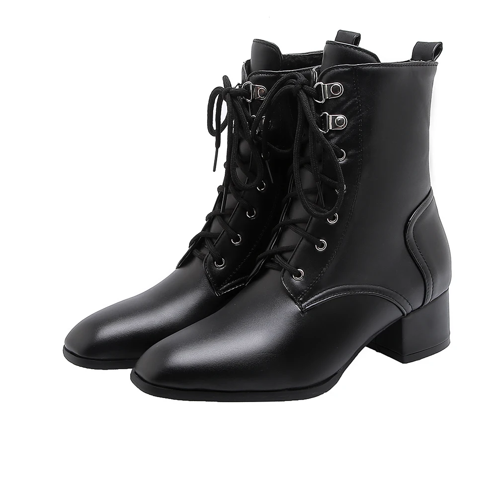 

Женские ботинки на толстом каблуке, кожаные ботинки, однотонные Зимние ботильоны, мотоциклетные ботинки с острым носком, 2019