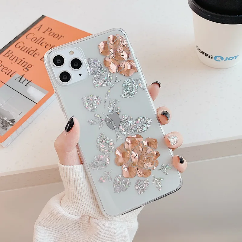 For iPhone 11 Pro Max XS XR X 8 7 Plus Gold Rose Gradient Glitter Leaf Clear Case Soft Transparent Cover |