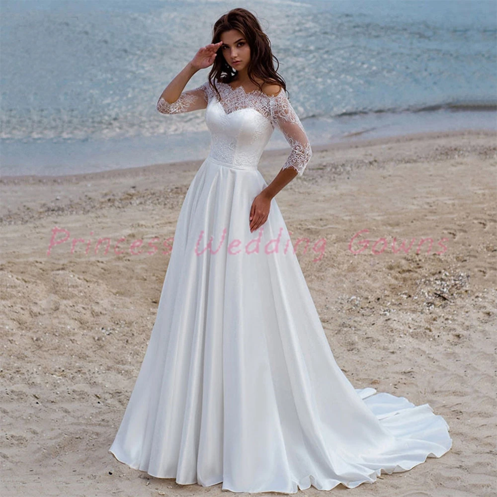 

Elegant Boat Neck Wedding Dresses Sweep Train Three Quarters Backless Lace Satin Off The Shoulder Brial Gowns Vestidos De Novia