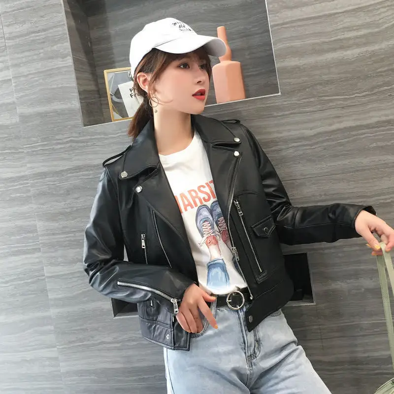 

leather Autumn 2019 new Haining jacket motorcycle wear Leather Jacket Women's leather sheep small coat short special price