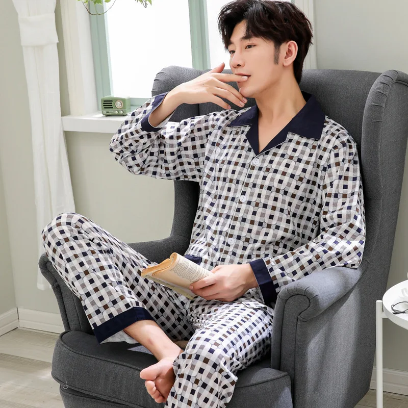 LYun весенние и осенние мужские хлопковые пижамы клетчатые большие размеры для сна