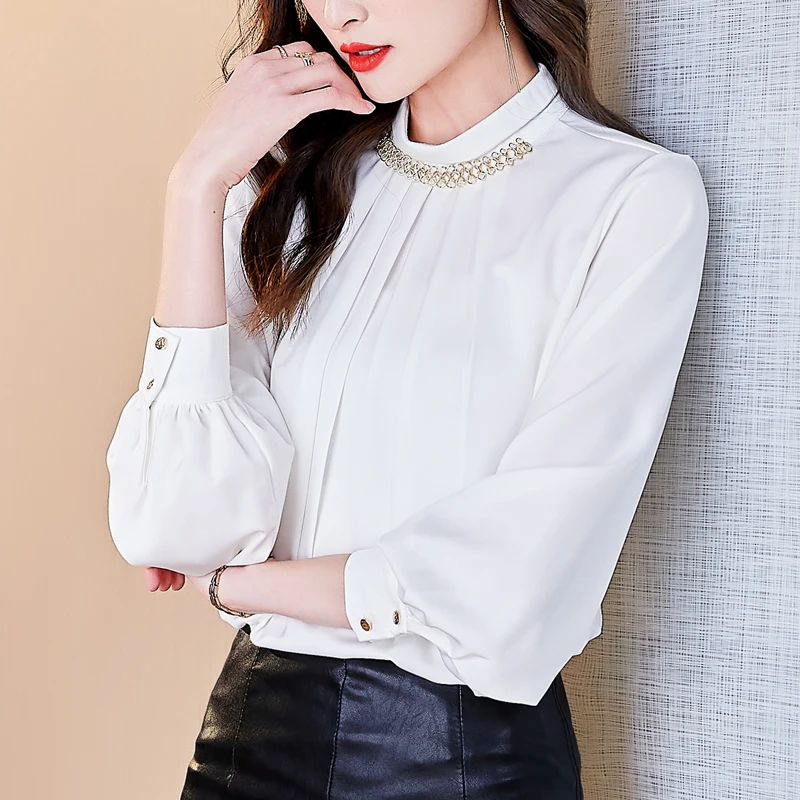 

Шелковая женская блузка с круглым вырезом, рубашка для девушек, однотонный топ для отдыха, одежда на весну и осень с длинным рукавом, свободн...