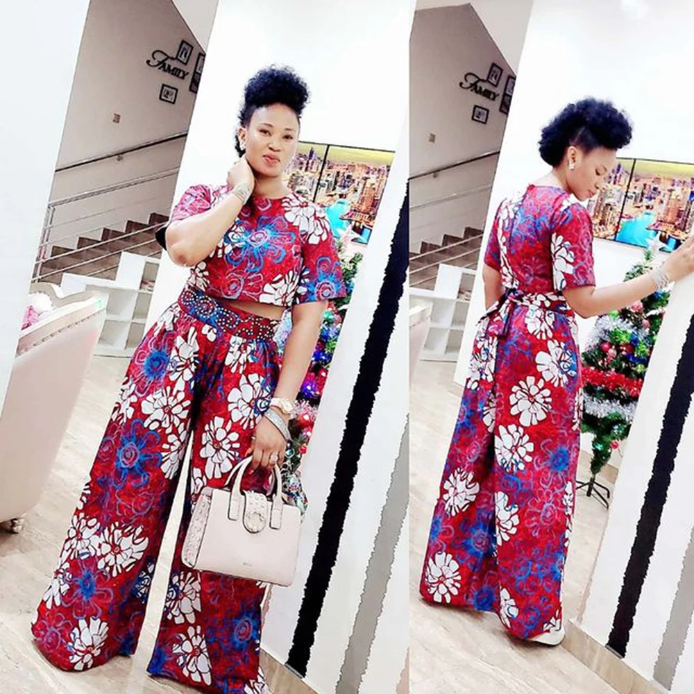 

Plus Size Women Clothing Two Piece Set Flowers Print Sexy Short Top High Waist Wide Leg Pants African Holiday Apparel