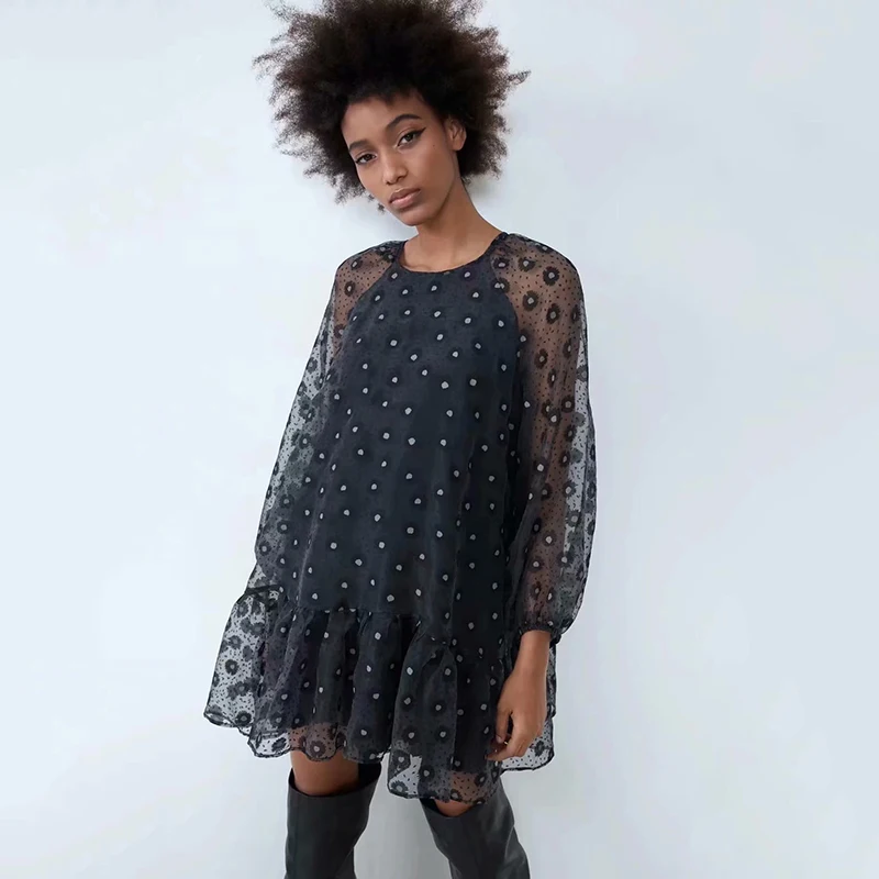 Новинка 2020 женское платье в горошек плиссированное прозрачное с пышными