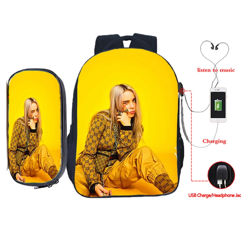 Billie Eilish рюкзак для зарядки через usb 2 шт./компл. школьная сумка для подростков мальчиков и девочек рюкзак для ноутбука пенал Дорожная сумка на плечо