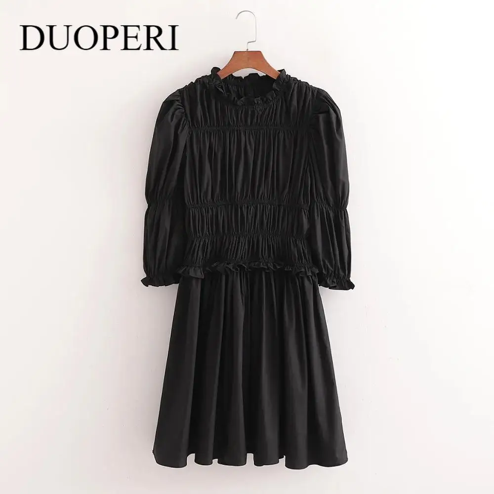 

Женское короткое плиссированное платье, винтажное облегающее платье из 100% хлопка с оборками, рукавами-фонариками и эластичной талией, 2020